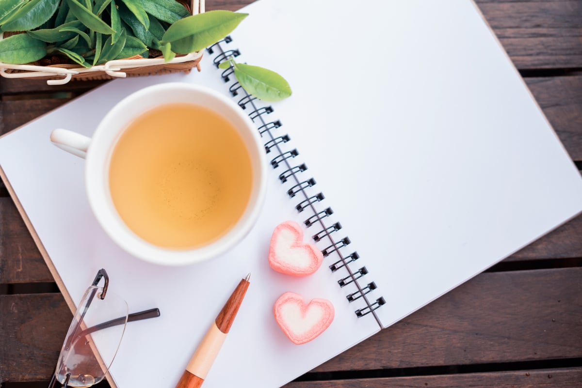 hot green tea , healthy fresh drink. copy space on white paper note book.